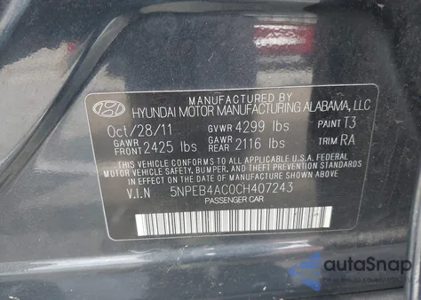 2012 Hyundai Sonata Gls Pzev from USA, damaged, VIN 5NPEB4AC0CH407243